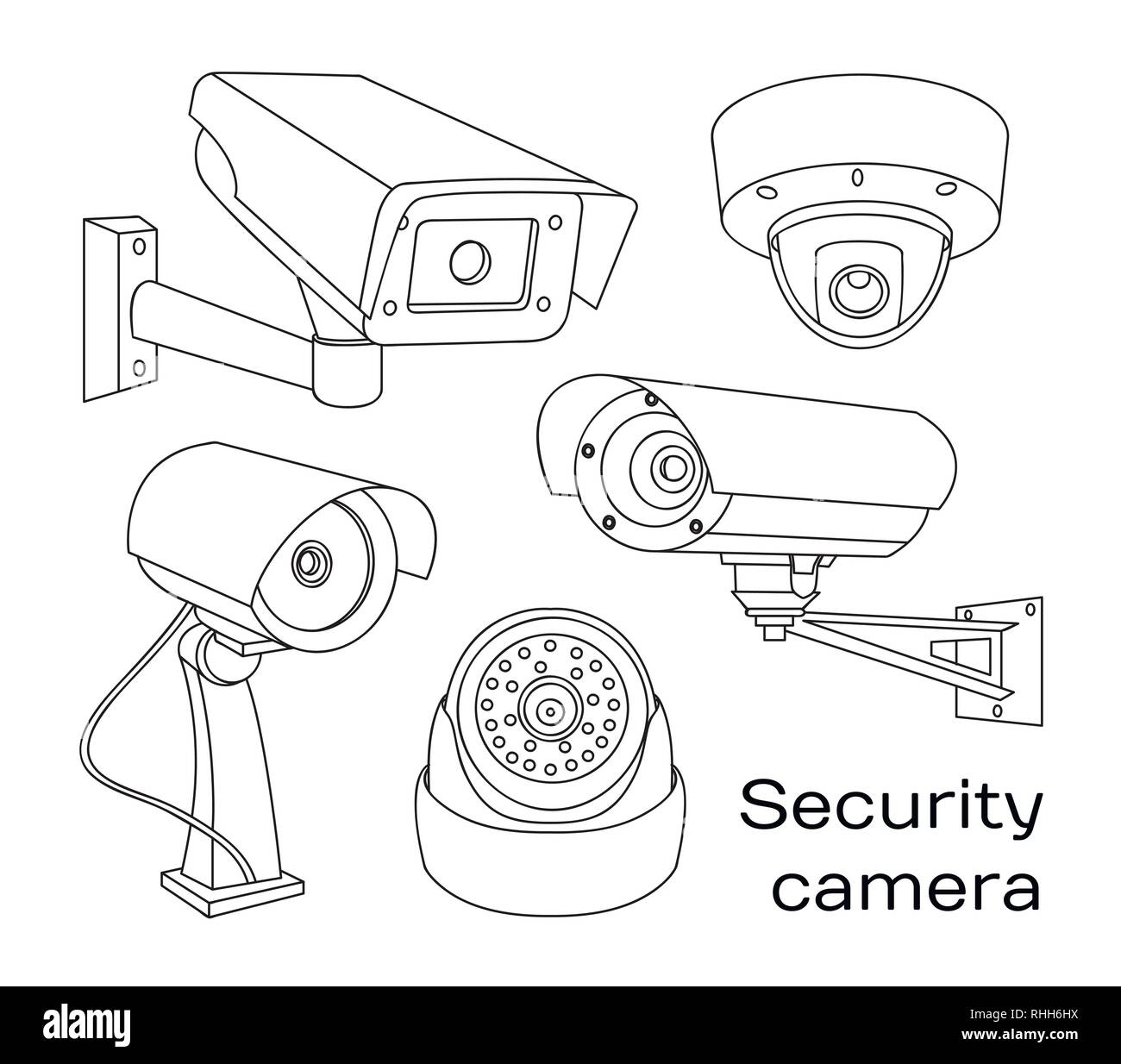 Videocamera di sicurezza impostato . Illustrazione di vettore isolato su sfondo bianco Illustrazione Vettoriale