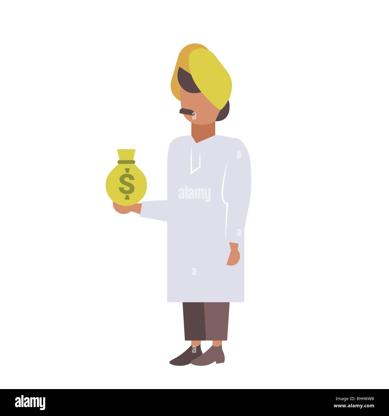 Commerciante indiano azienda denaro borsa uomo ricco di indossare abiti tradizionali turbante maschio personaggio dei cartoni animati a lunghezza piena isolati piatta Illustrazione Vettoriale