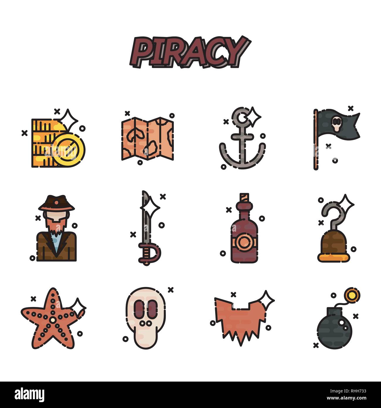 La pirateria piatto set di icone. Illustrazione vettoriale EPS, 10 Illustrazione Vettoriale