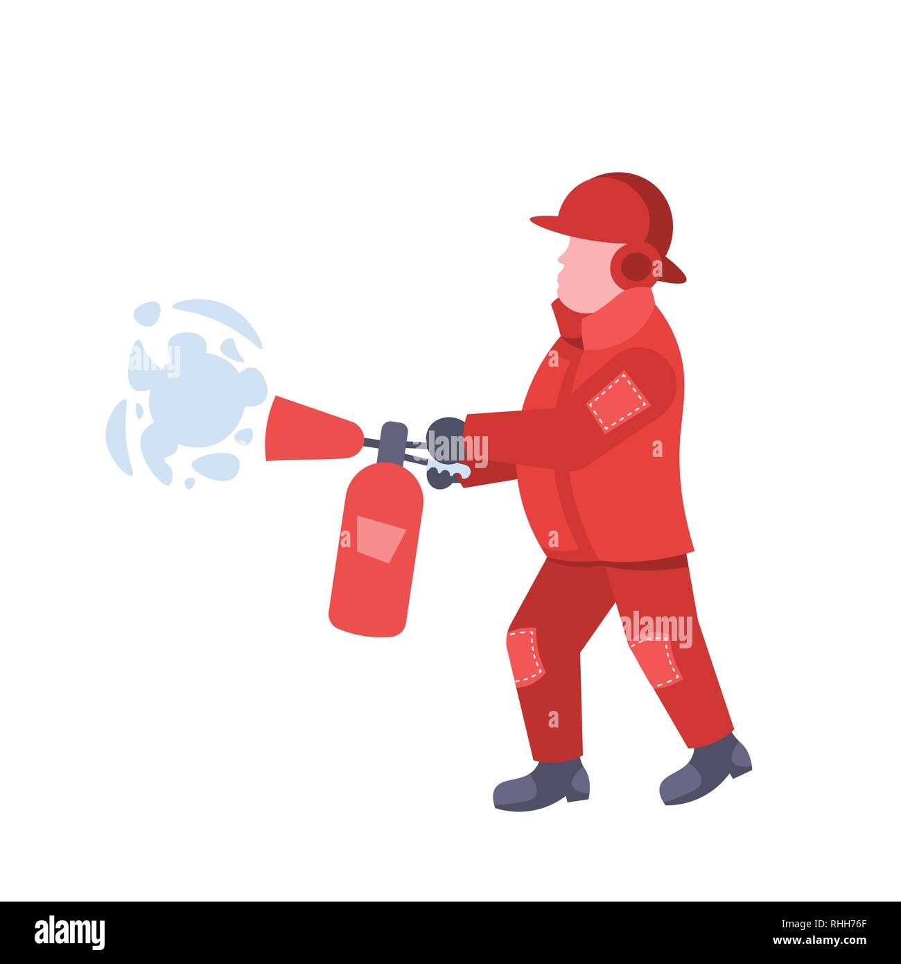 Fireman azienda estintore indossando uniforme rosso e casco uomo fire fighter lavoratore professionale occupazione maschile personaggio dei cartoni animati a piena lunghezza flat Illustrazione Vettoriale