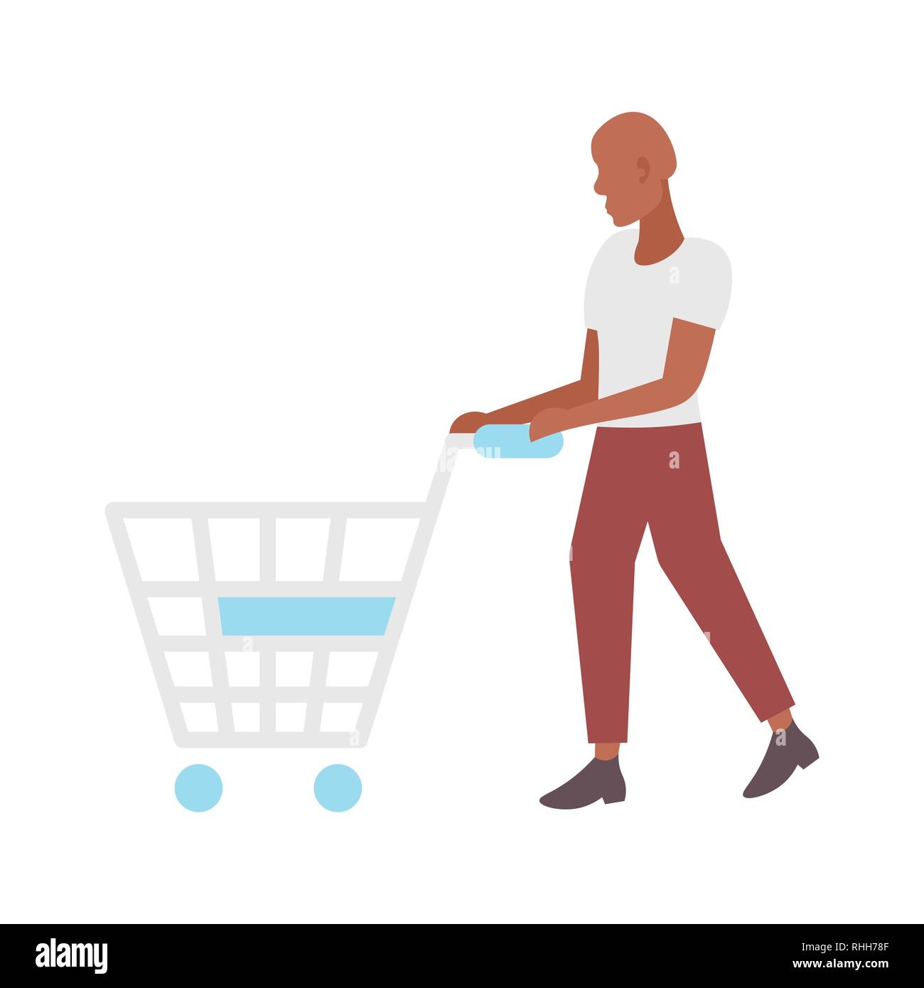 L'uomo spingendo Carrello vuoto Carrello African American guy cliente il concetto di shopping maschio personaggio dei cartoni animati a lunghezza piena isolati piatta Illustrazione Vettoriale