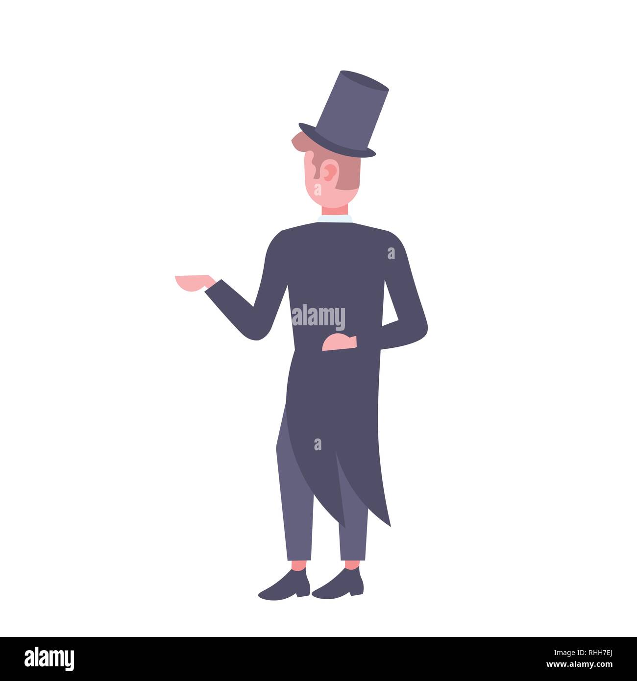 Uomo elegante indossare tuta e tall hat vista posteriore gentleman pongono permanente maschio personaggio dei cartoni animati a lunghezza piena isolati piatta Illustrazione Vettoriale