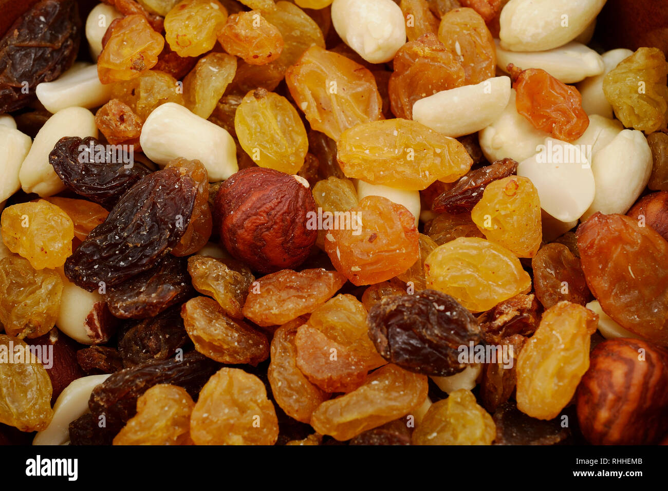 Vista dettagliata del mix di uvetta e i dadi diversi Foto Stock