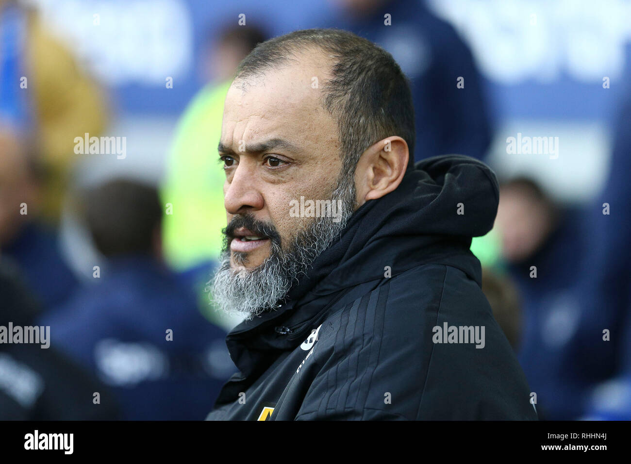 Liverpool, Regno Unito. 2° febbraio 2019. Wolverhampton Wanderers Manager Nuno guarda a. Premier League, Everton v Wolverhampton Wanderers a Goodison Park di Liverpool su sabato 2 febbraio 2019. Questa immagine può essere utilizzata solo per scopi editoriali. Solo uso editoriale, è richiesta una licenza per uso commerciale. Nessun uso in scommesse, giochi o un singolo giocatore/club/league pubblicazioni. pic da Chris Stading/Andrew Orchard fotografia sportiva/Alamy Live news Foto Stock