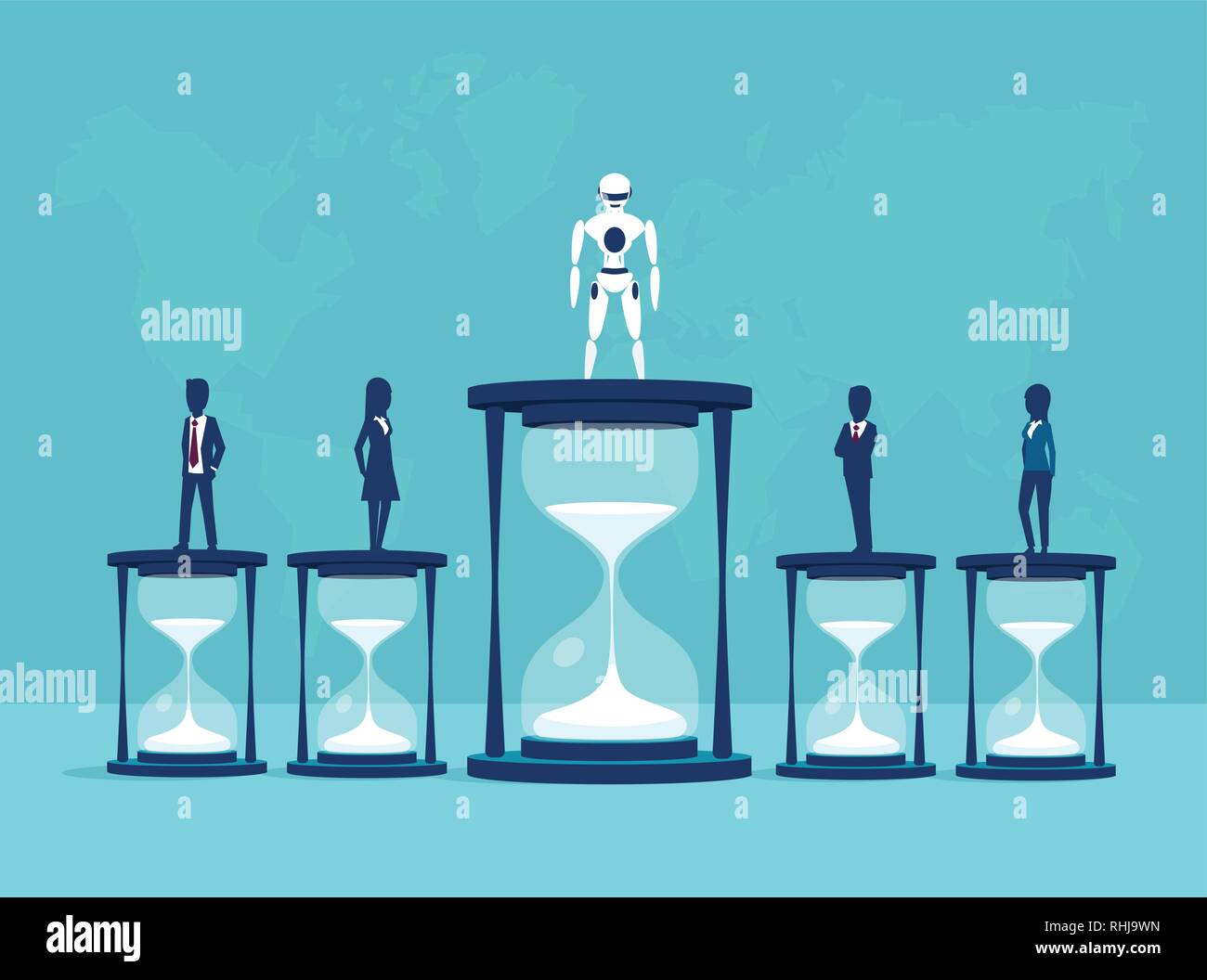 Intelligenza artificiale vs esseri umani e ora il concetto di efficienza. Vettore di un robot vincendo un concorso all persone in termini di produttività Illustrazione Vettoriale