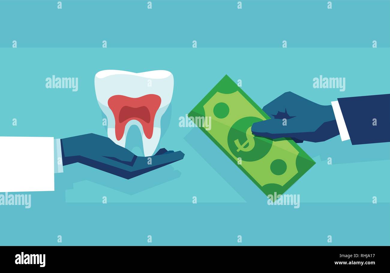 Il trattamento dentale e concetto di pagamento. Vettore di un medico mano con dente sano e paziente dando denaro. Illustrazione Vettoriale