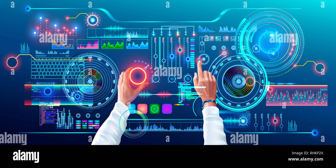 Il lavoro dello scienziato con il futuristico olografica interfaccia HUD. Le mani dell'utente controlla astratto elementi Tech Virtual cruscotto digitale. Scienza fantastica Illustrazione Vettoriale