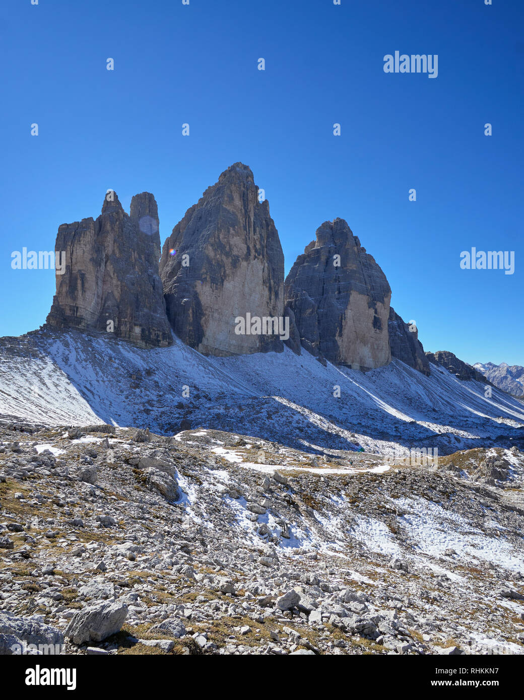 La parete nord delle Tre Cime di Lavaredo, Misurina, Dolomiti, Veneto, Italia. Foto Stock