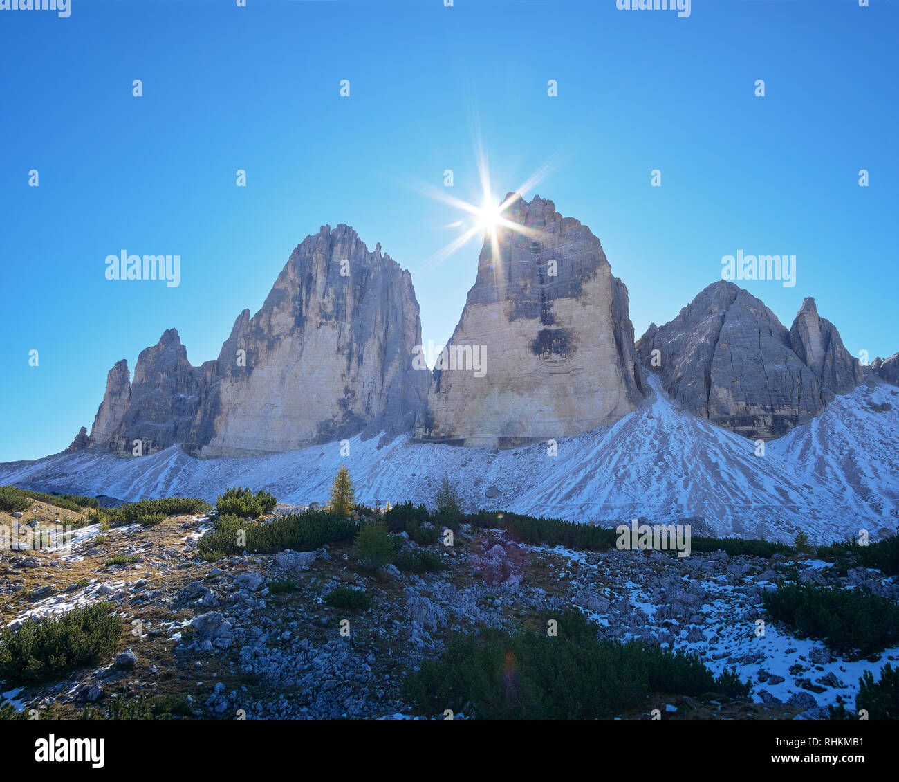 La parete nord delle Tre Cime di Lavaredo, Misurina, Dolomiti, Veneto, Italia Foto Stock