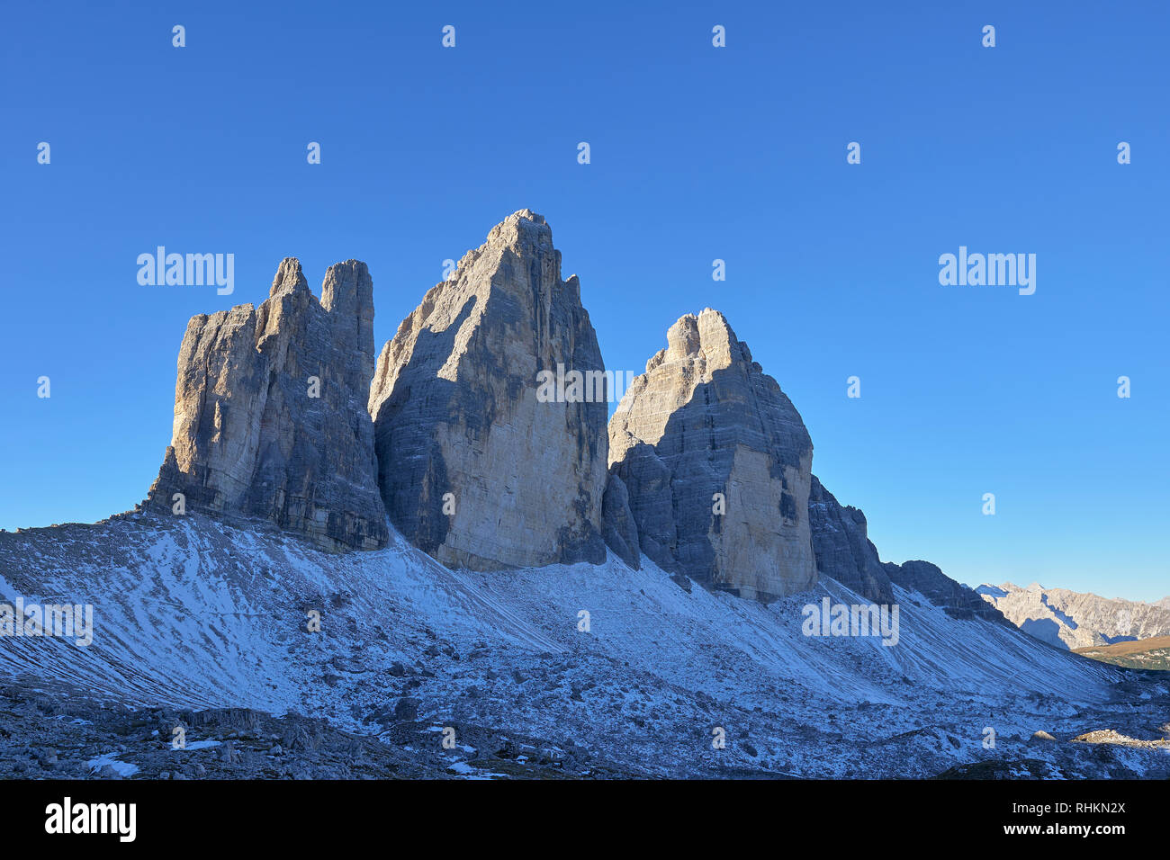 La parete nord delle Tre Cime di Lavaredo, Misurina, Dolomiti, Veneto, Italia Foto Stock