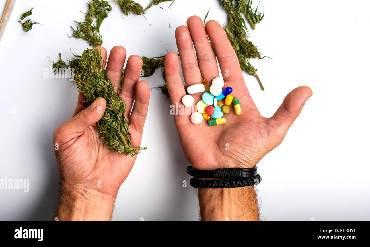 Persona in possesso di marijuana medica e pillole punto di vista Foto Stock