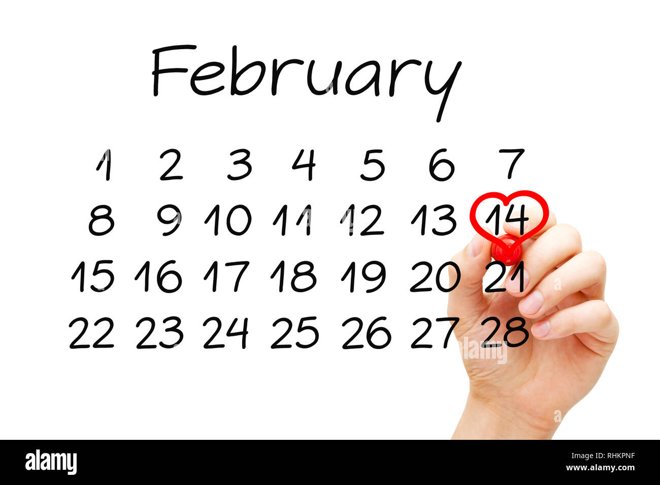 Disegno a mano un cuore rosso sul calendario la data 14 febbraio con un pennarello sul vetro trasparente stampato. Il giorno di San Valentino del concetto. Foto Stock