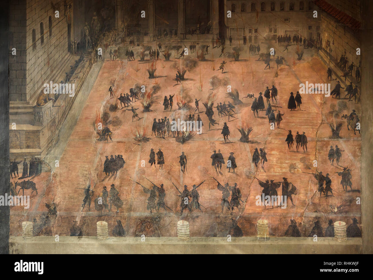 San Giovanni fuochi d'artificio in Piazza della Signoria la sera di San Giovanni il giorno 24 giugno 1558. Affresco di Fiandre-nato pittore manierista Jan Van der Straet, noto anche come Giovanni Stradano (1558) negli appartamenti del papa Leone X (Quartiere di Leone X) in Palazzo Vecchio a Firenze, Toscana, Italia. Foto Stock