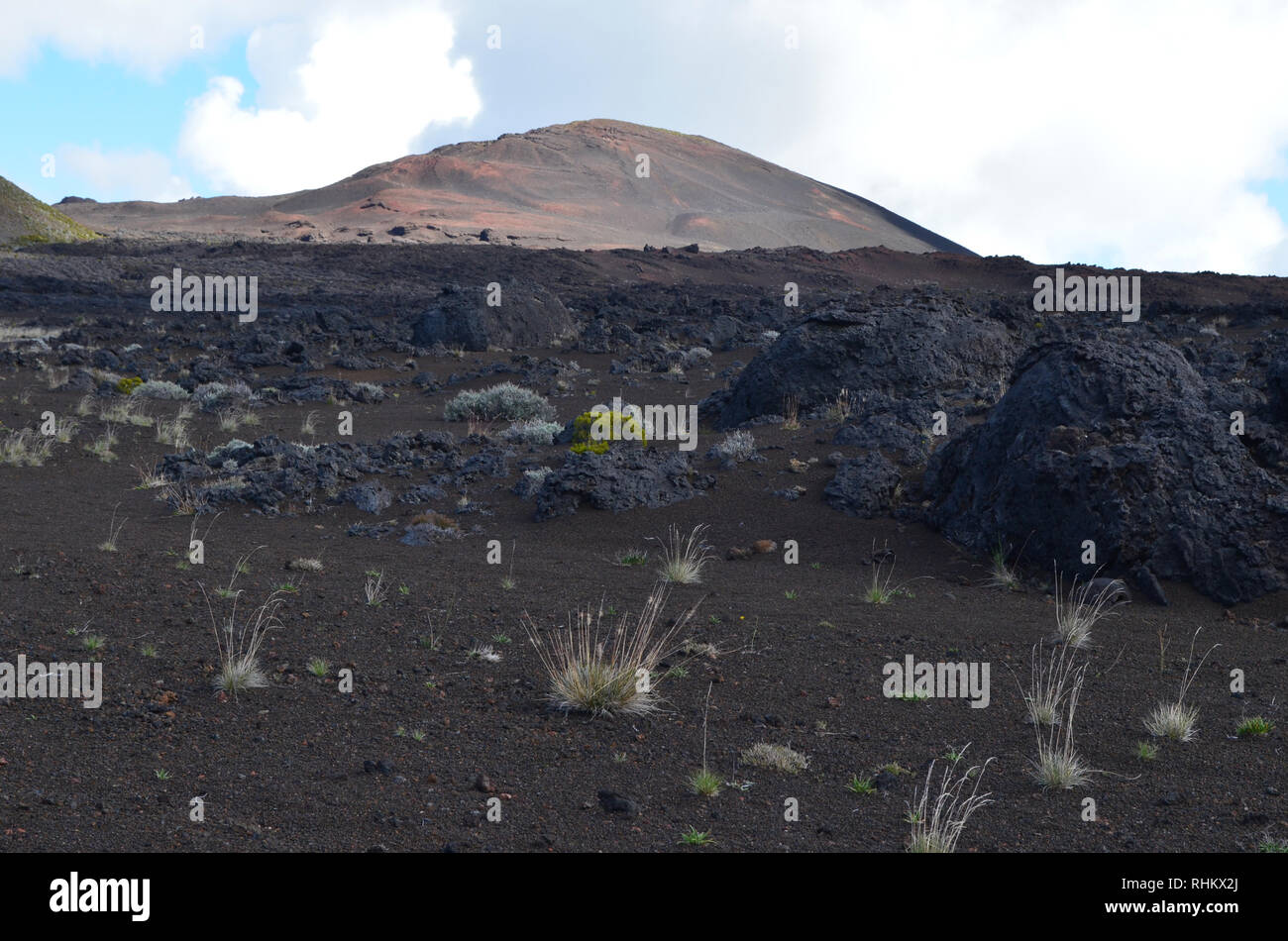 Trek verso il Piton de la Fournaise, un vulcano attivo in Réunion, Oceano Indiano Foto Stock