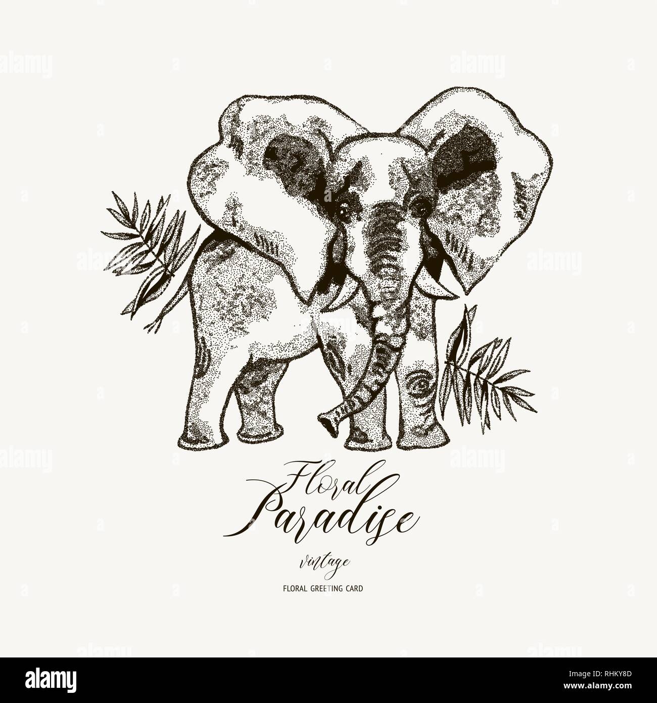Vettore naturale tropicale esotico illustrazione con elefante Illustrazione Vettoriale