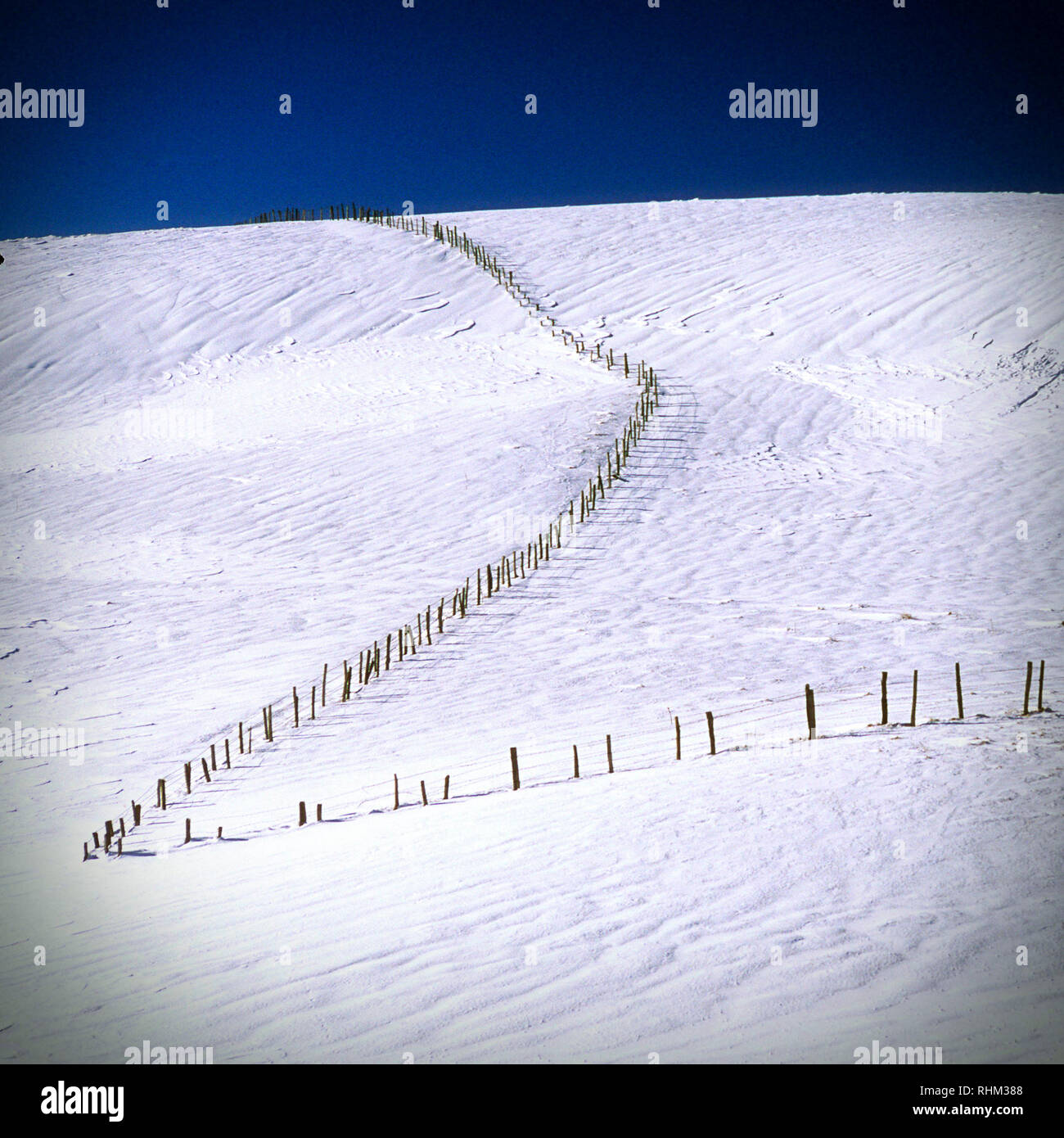 Pendio di neve in inverno e la guida in linea , paesaggio invernale scena di neve, Auvergne, Francia Foto Stock