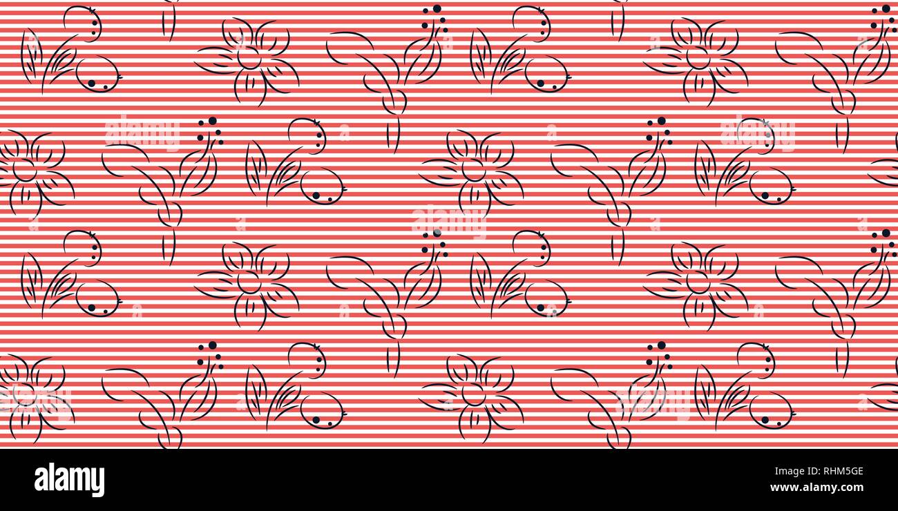 Semplice disegnato a mano motivo floreale e strisce rosa disegno vettoriale. Illustrazione Vettoriale