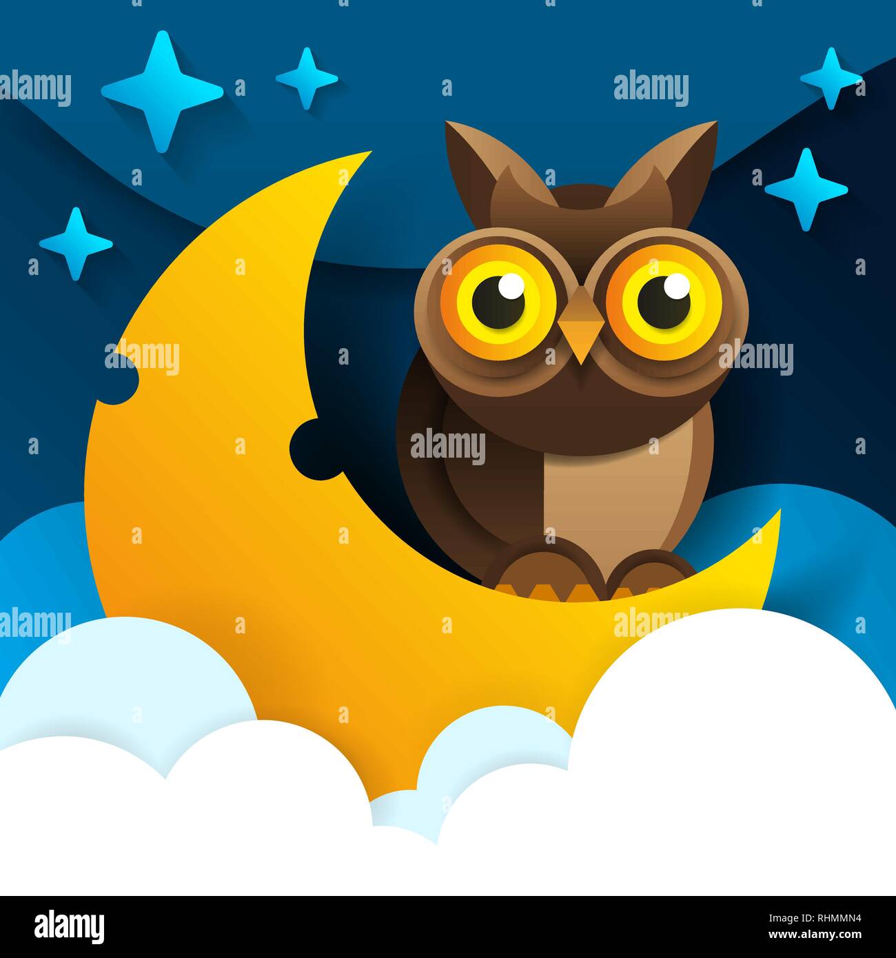 Cartoon carino gufo rosa siede sul sonnacchioso falce della luna nel cielo notturno con stelle Illustrazione Vettoriale