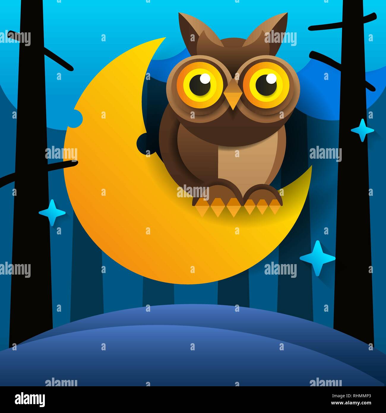 Cartoon carino gufo rosa siede sul sonnacchioso falce della luna nel cielo notturno con stelle Illustrazione Vettoriale