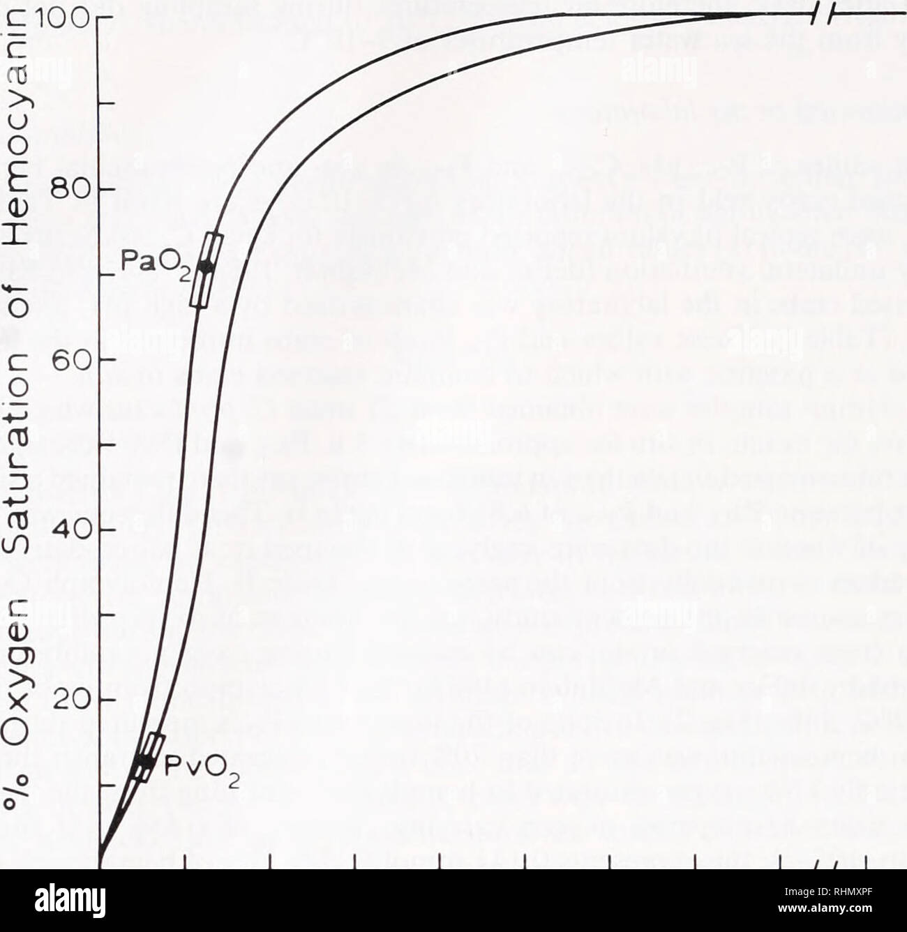 . Il bollettino biologico. Biologia; Zoologia; biologia; biologia marina. 586 P. L. DEFUR et al... J / 20 40 PCX 60 (strappati) 80 140 in figura 2. Ossigeno le curve di legame per emocianina di piccole C productus a pHa = 7,98 e pHv = 7.90 utilizzando i dati da deFur e McMahon (1984a) e deFur (1980). Sebbene emolinfa pH durante in situ emersione non era significativamente diverso dai valori corrispondenti di immerso granchi (Tabella I) altre variabili in acido-base sistema di emolinfa in crabs immerso in situ erano tuttavia dissimili. Paco2 era leggermente (non significativamente) superiore in immerso granchi "in situ ma C Foto Stock