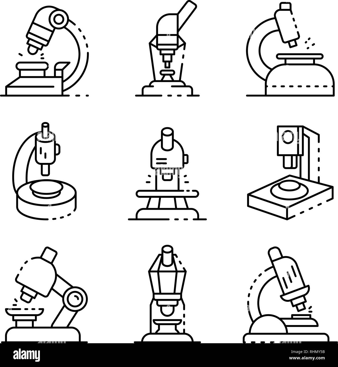 Microscopio set di icone di stile di contorno Illustrazione Vettoriale