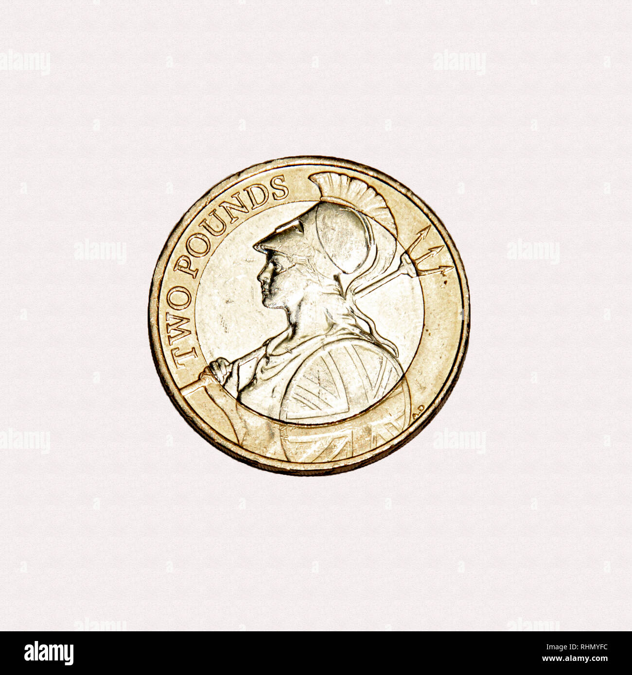 British £2 moneta con il ritorno di immagine di Britannia a British monetazione Foto Stock