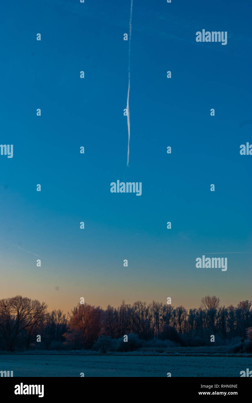 Il mondo congelato nelle prime ore del mattino durante il sunrise su un campo Foto Stock