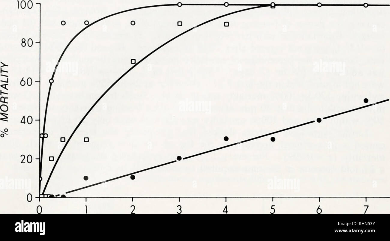 . Il bollettino biologico. Biologia; Zoologia; biologia; biologia marina. 228 D. J. MURPHY E L. C. JOHNSON. Il tempo di congelamento (giorni) la figura 3. Influenza del tempo di congelamento e la temperatura sulla mortalità di L. littorea. Circoli chiusi, scatole aperte e i cerchi aperti rappresentano le temperature di congelamento di -9.1, -11.1 e -13,0° C, rispettivamente. Ogni punto percentuale la mortalità è stata calcolata da 10 animali. Il tempo di ripristino e di temperatura. Durante le prime 48 ore di recupero a 20° C, le percentuali di mortalità delle lumache continuamente diminuito (Fig. 4). Il grado di recupero era dipendente dalla fre Foto Stock