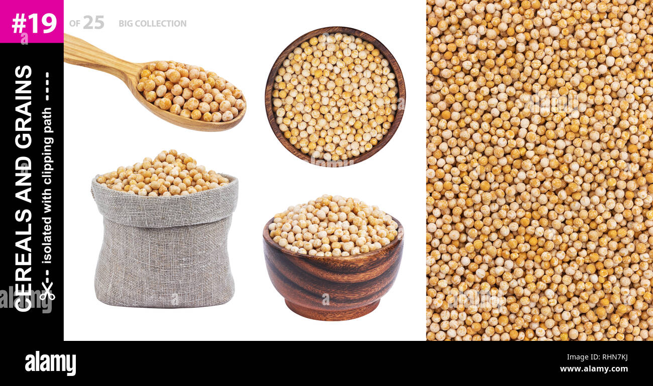 Piselli secchi in diverse stoviglie isolati su sfondo bianco, raccolta Foto Stock