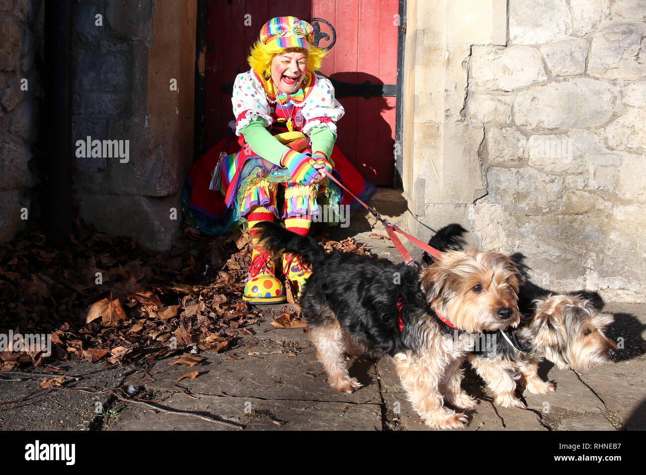 Londra, Regno Unito. 3 febbraio, 2019. Una donna visto con i suoi cuccioli durante l'evento.Clown sono visti al Grimaldi servizio di chiesa in chiesa di Tutti i Santi, Dalston, East London in memoria di Giuseppe Grimaldi (1778-1837), un attore inglese, comico e ballerino, che è ampiamente considerato come il 'Padre'' della moderna clowning. Credito: Dinendra Haria/SOPA Immagini/ZUMA filo/Alamy Live News Foto Stock