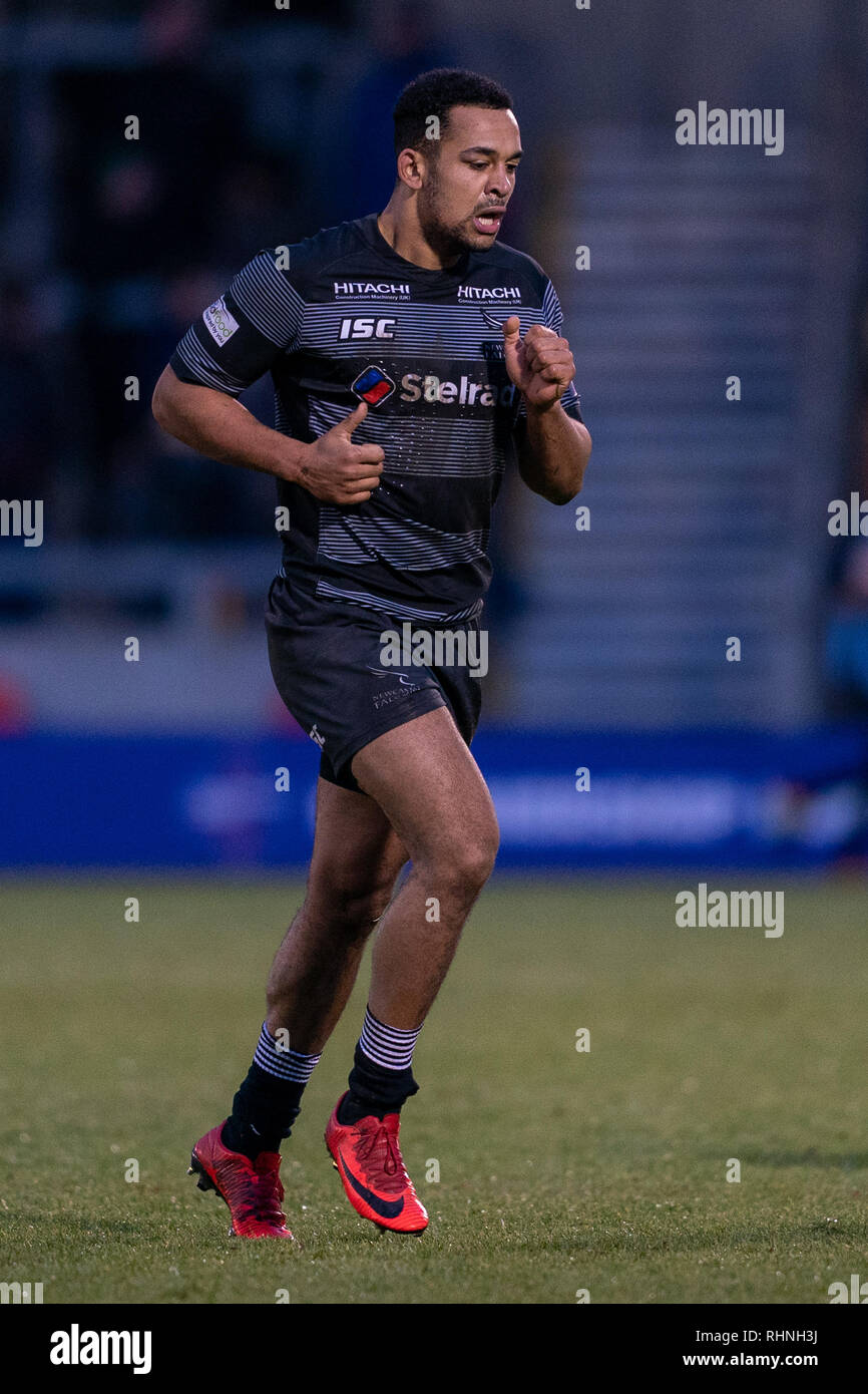 Vendita, UK. 03Feb, 2019. Newcastle Falcons's Zach Kibirige 3 febbraio 2019, A J Bell Stadium, Vendita, Inghilterra; Premiership Rugby Cup, Vendita squali vs Newcastle Falcons Credito: Terry Donnelly/News immagini Credito: News immagini /Alamy Live News Foto Stock