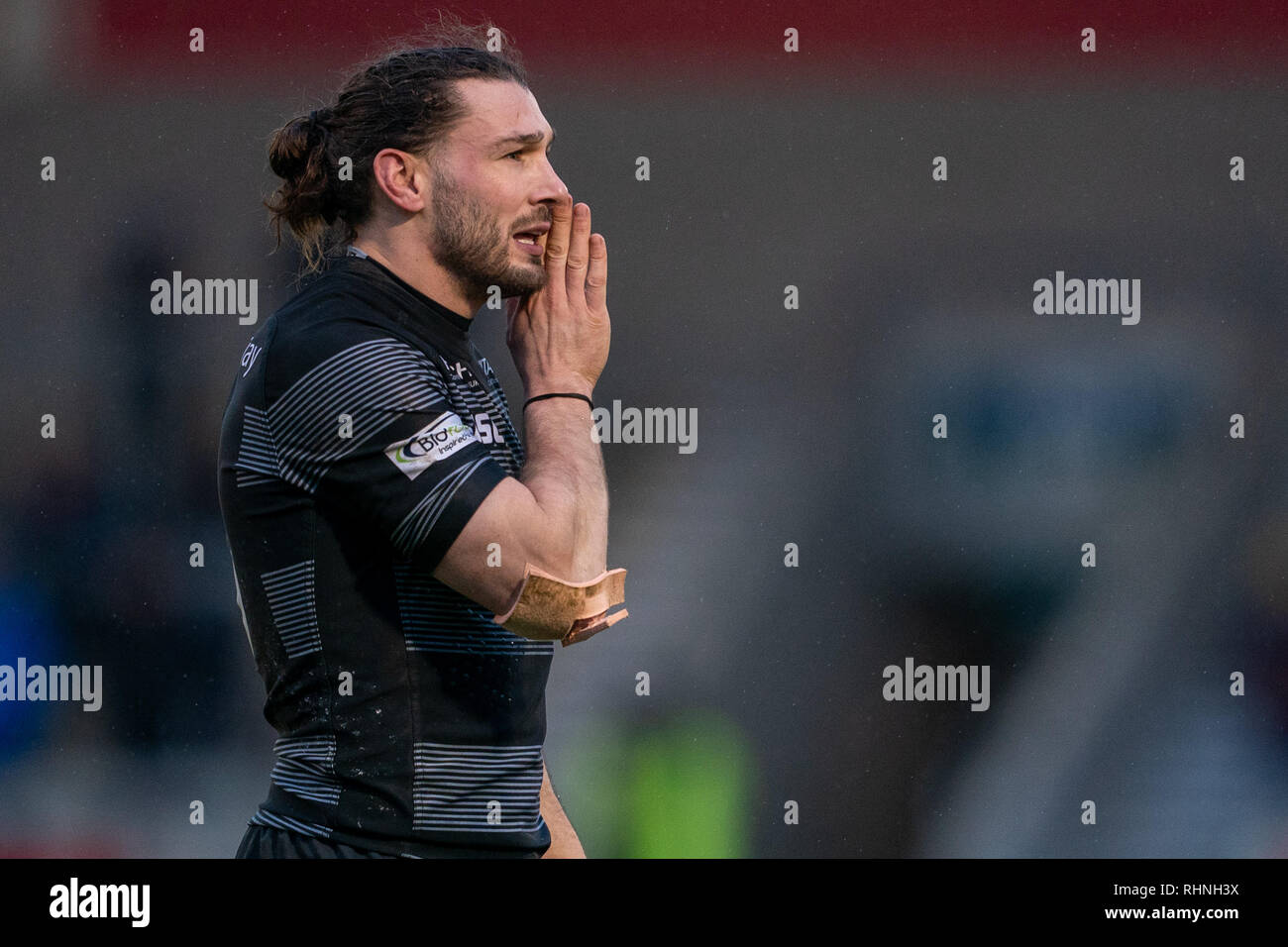 Vendita, UK. 03Feb, 2019. Newcastle Falcons's Tom Arscott 3 febbraio 2019, A J Bell Stadium, Vendita, Inghilterra; Premiership Rugby Cup, Vendita squali vs Newcastle Falcons Credito: Terry Donnelly/News immagini Credito: News immagini /Alamy Live News Foto Stock