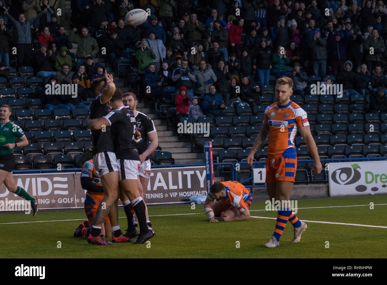 Anthony gelificazione celebra la sua seconda prova del pomeriggio. Widnes Vikings vs Halifax RLFC 3 Febbraio 2019 Foto Stock