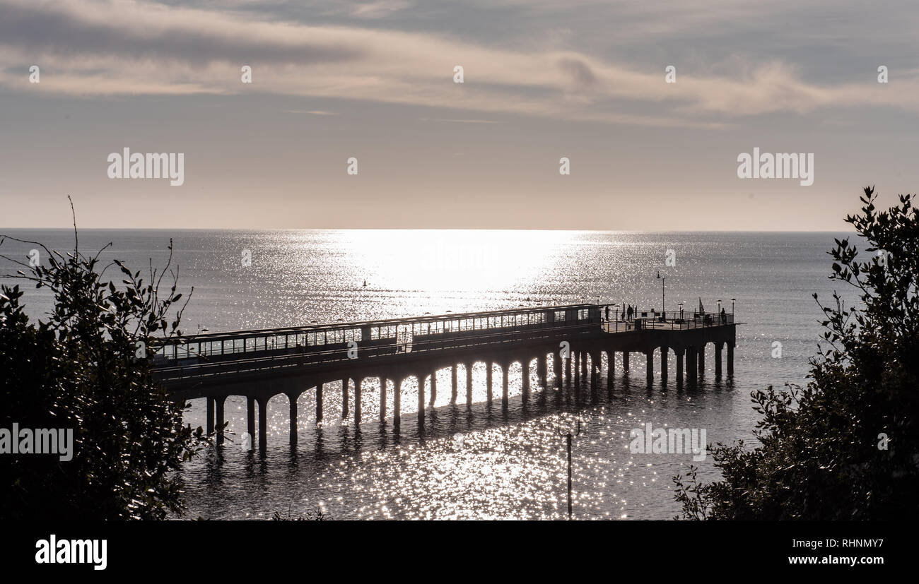 Boscombe, Dorset, Regno Unito. 3 febbraio 2019. Regno Unito: Meteo luminosa e soleggiata inverno di mattina a Boscombe beach. Il famoso molo si stagliano contro il luminoso sole mattutino all'inglese resort costiero di Boscombe. Credito: DWRAlamy Live News Foto Stock