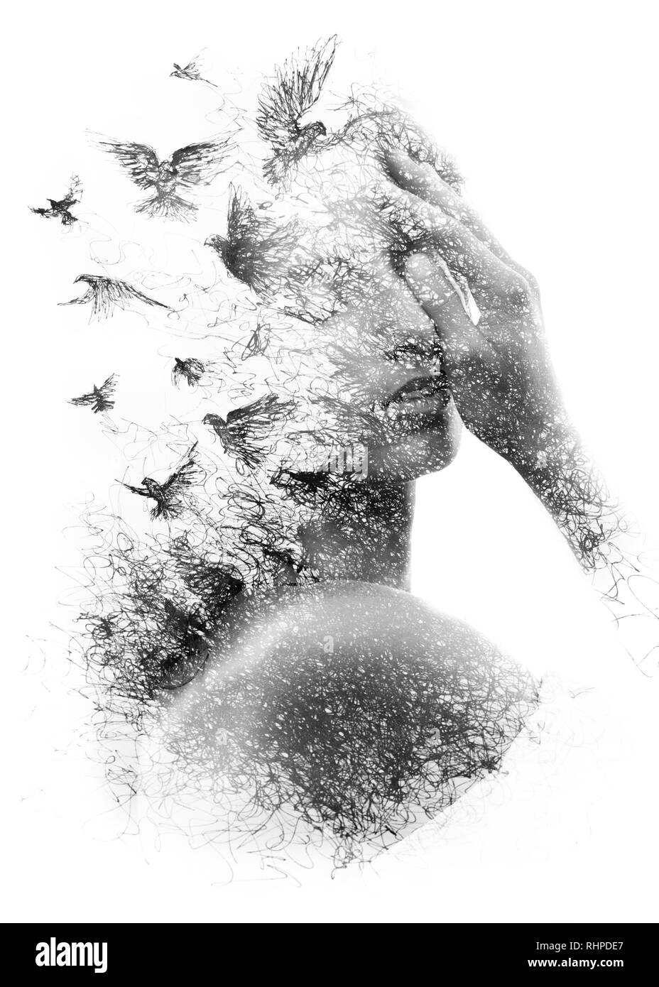 Fotografia di Ritratto si fonde con opere d'arte che creano un atmosfera da sogno Foto Stock