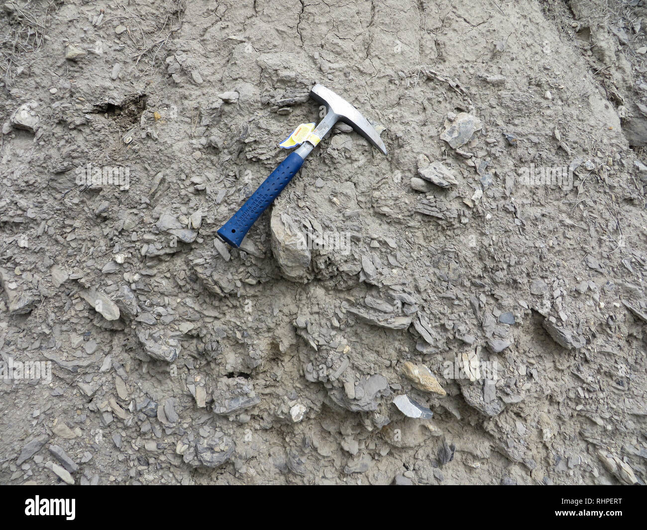 Scavo piccozza nella sporcizia sul suolo roccioso Foto Stock