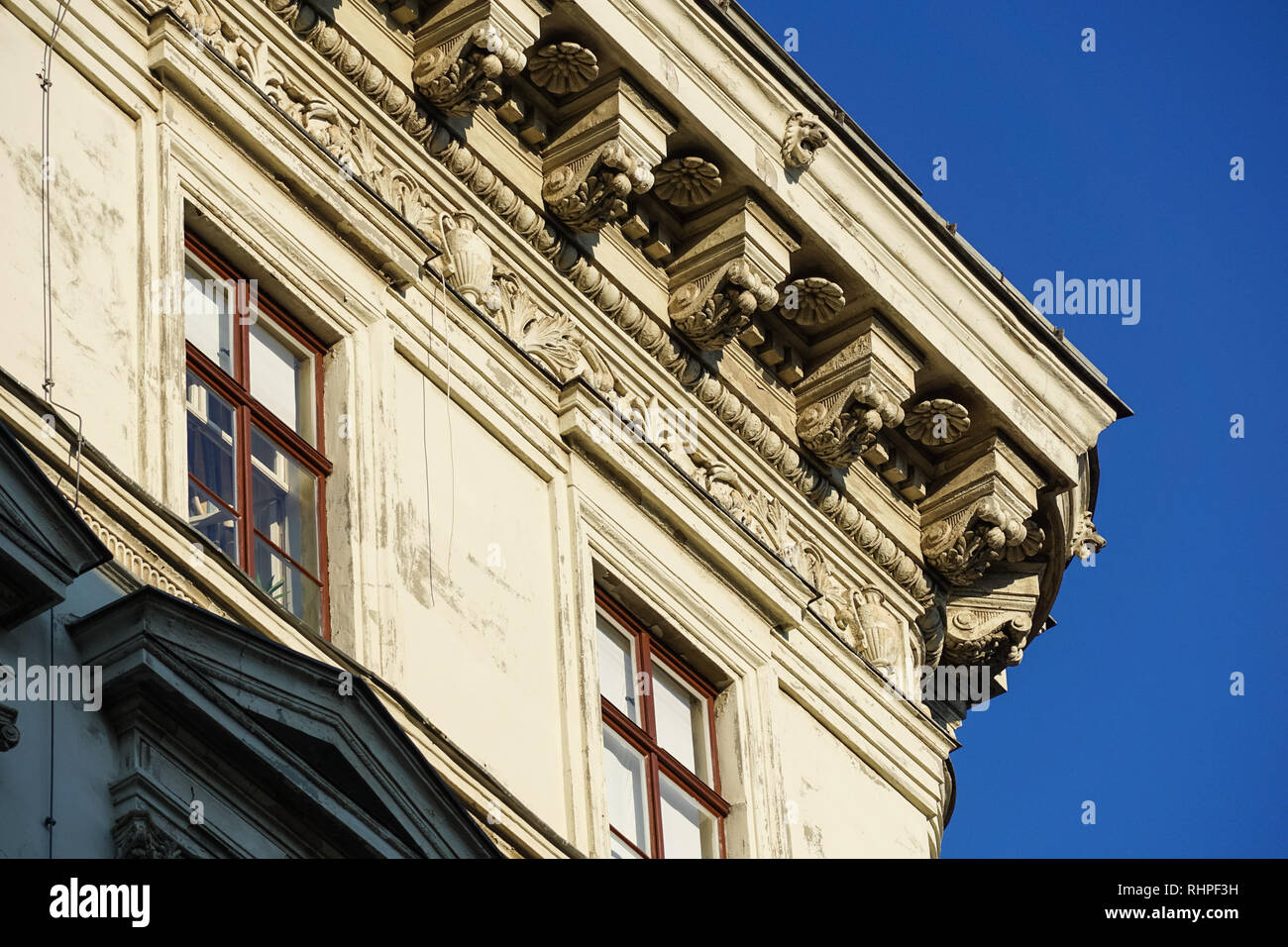I dettagli architettonici degli edifici di Vienna in Austria Foto Stock