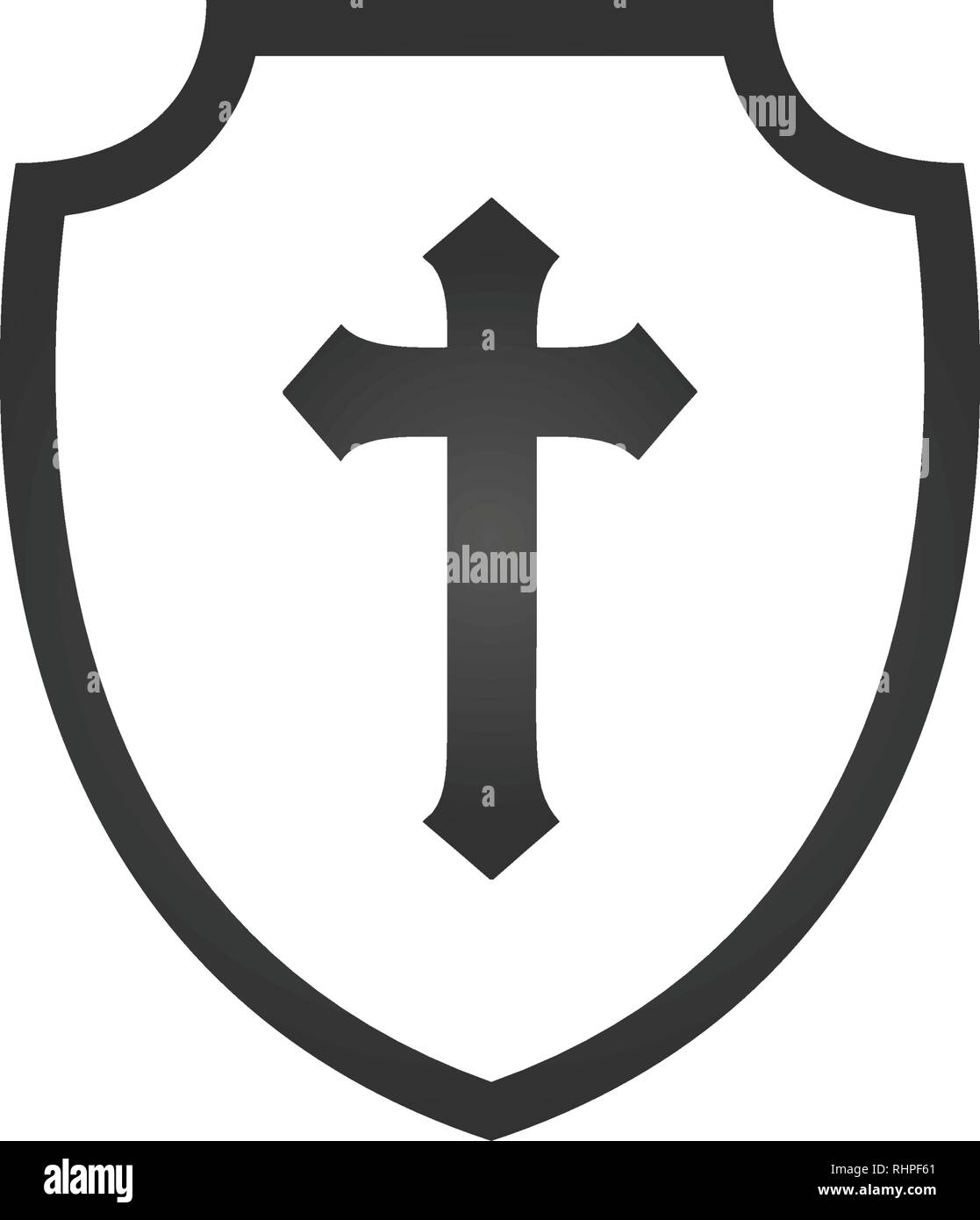 Una croce cristiana e lo scudo della fede. La chiesa cristiana logo vettoriale. Icona missionaria. Simbolo religioso. Protezione, sicurezza, Illustrazione Vettoriale