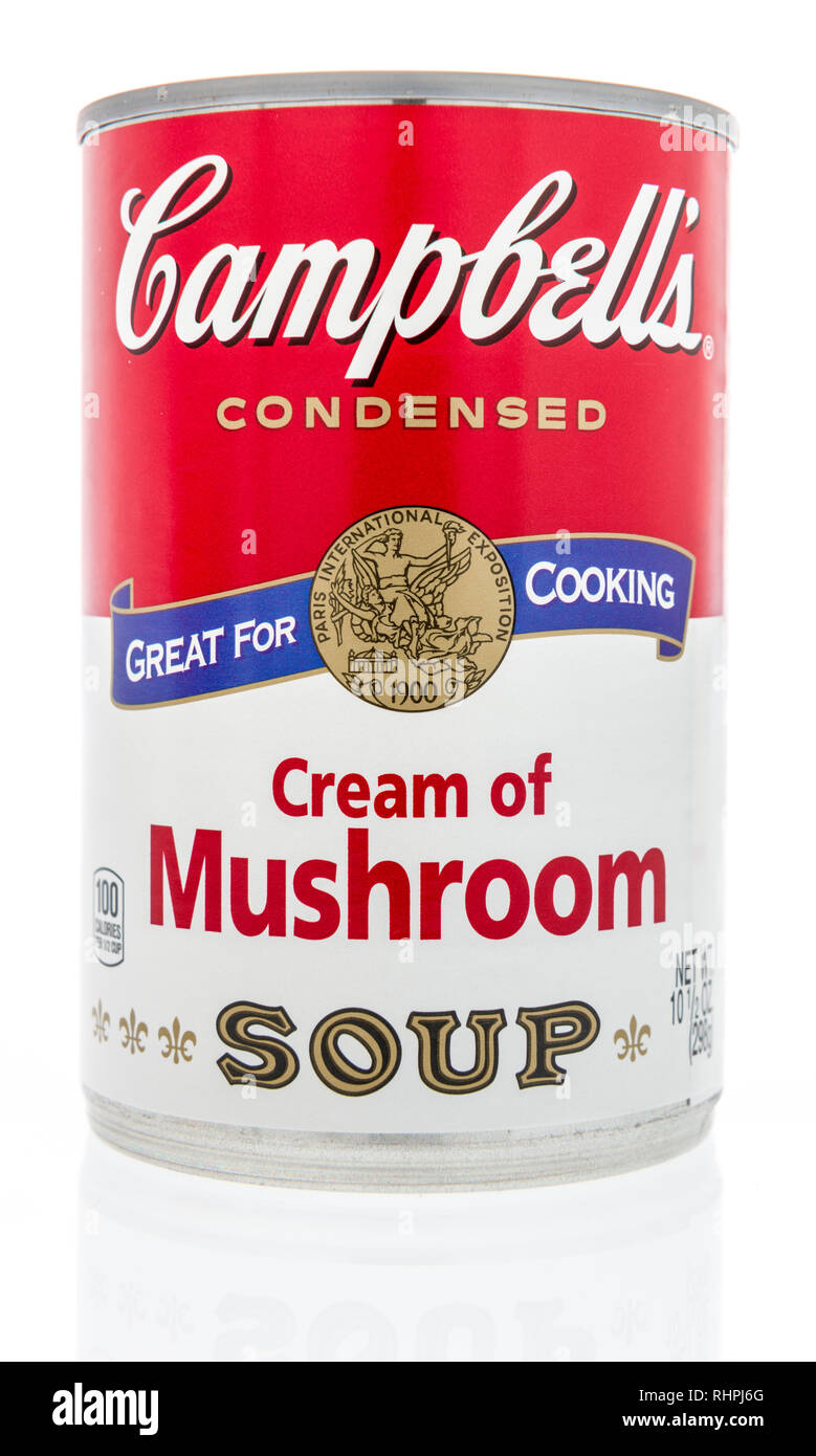 Winneconne, WI - 2 Feb 2019: una lattina di Campbells Soup in crema di funghi su un sfondo isolato Foto Stock