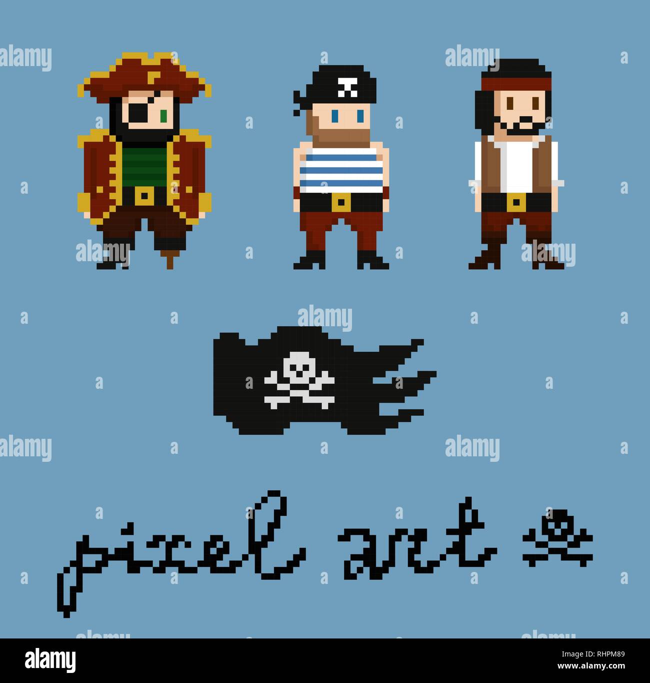 Pixel Art il set di caratteri. Pirate membri di equipaggio - capitano, cabinboy. Nero bandiera pirata con teschio e ossa. 8-bit design le attività di gioco. Vettore Illustrazione Vettoriale