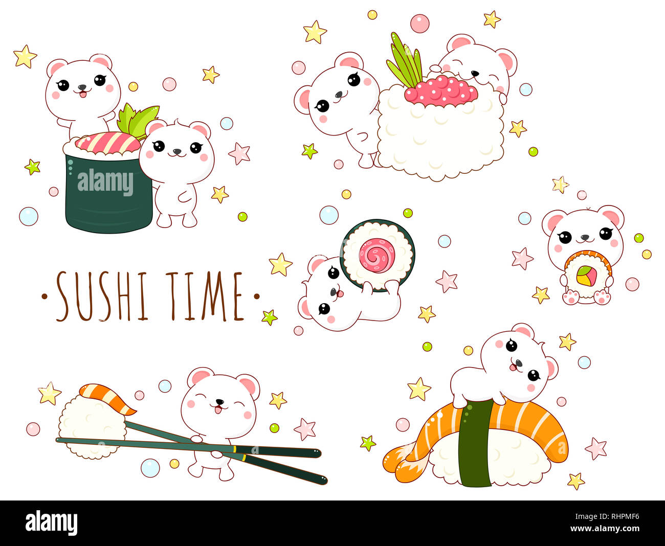 Carino yummy impostato in stile kawaii. Bella orsi polari con pesce giapponese - sushi e roll. Iscrizione così dolce. EPS8 Foto Stock