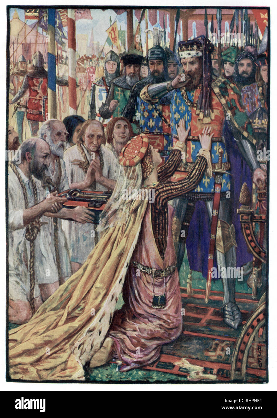 Edoardo III a Calais. Di Henry Justice Ford (1860-1941). Nel 1346, Edoardo III assediò Calais. Filippo VI di Francia ordinò alla città di tenere fuori a tutti i costi. Filippo non riuscì a sollevare l'assedio, e la fame alla fine costrette la città a prendere il vicolo per la resa. Sei rapinatori (cittadini) di Calais si offrirono di sacrificare la loro vita per porre fine all'assedio. Si aspettavano di essere giustiziati, ma le loro vite furono risparmiate dall'intervento della regina d'Inghilterra, Philippa di Hainault, che persuase suo marito ad esercitare misericordia. Foto Stock