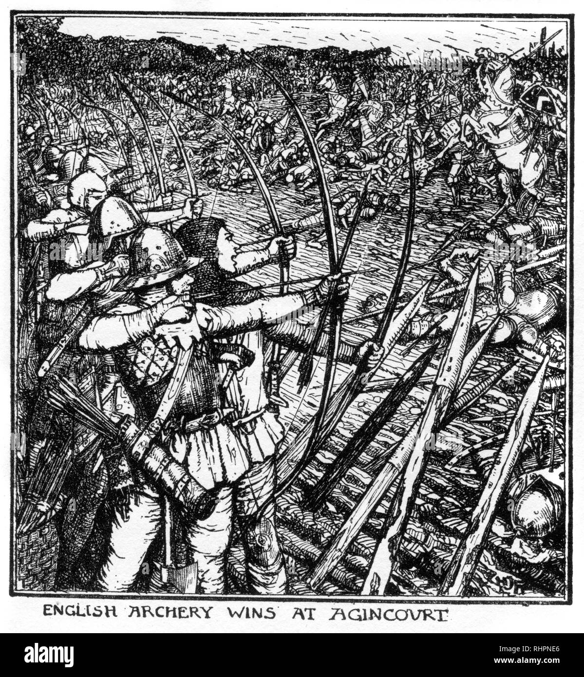 Il tiro con l'arco inglese vince ad Agincourt. Di Henry Justice Ford (1860-1941). La Battaglia di Agincourt (Azincourt) fu una grande vittoria inglese nella Guerra dei Cent'anni. Si è giocato il 25th ottobre 1415 nella contea di Saint-Pol, Artois, a 40 km a sud di Calais. Foto Stock