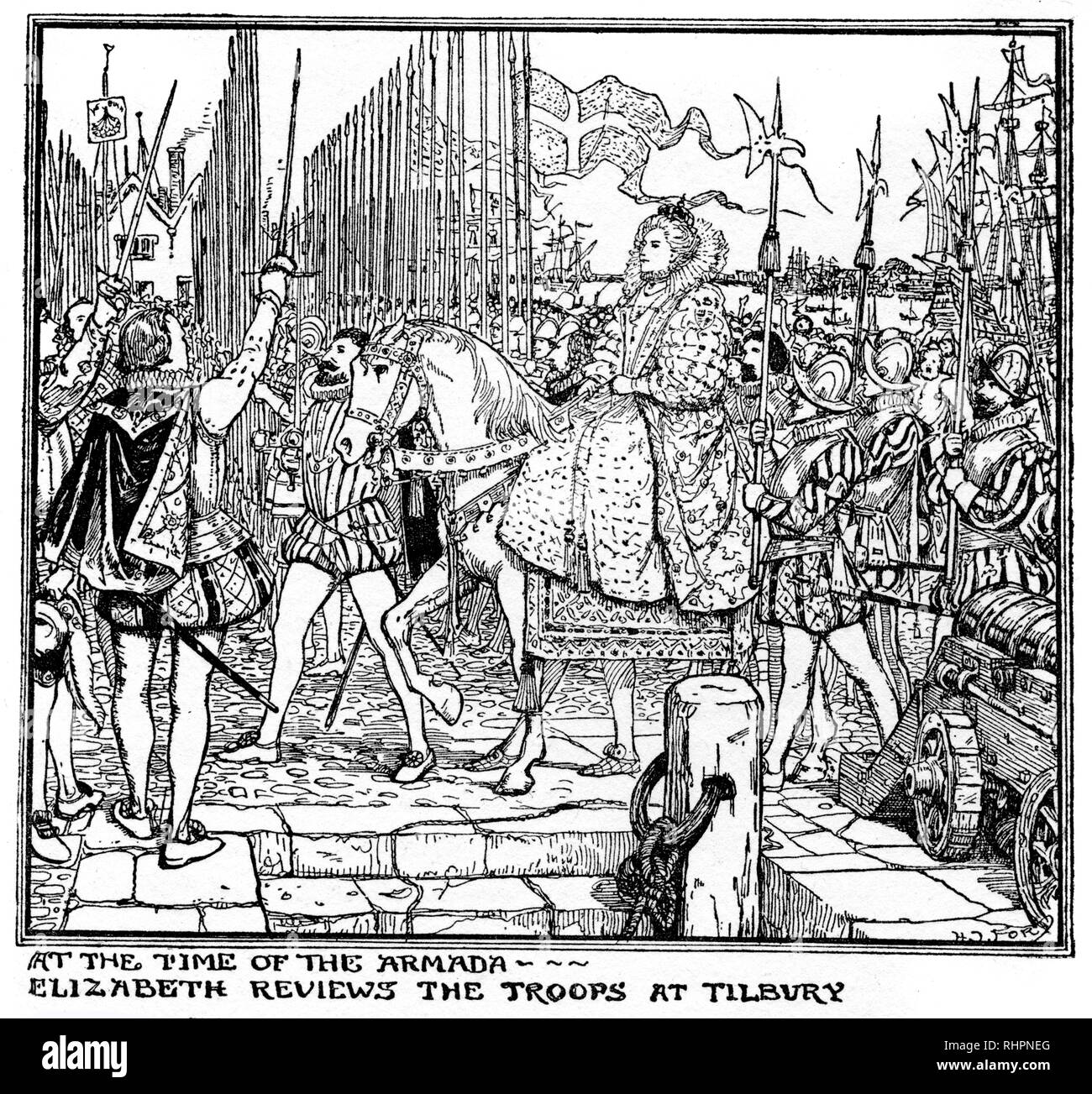 Al tempo dell'Armada, Elizabeth esamina le truppe a Tilbury. Di Henry Justice Ford (1860-1941). L'Armada spagnola (Grande y Felicísima Armada) era una flotta spagnola degli Asburgo di 130 navi, sotto il comando del Duca di Medina Sidonia, con lo scopo di scortare un esercito dalle Fiandre per invadere l'Inghilterra. Lo scopo era quello di rovesciare la regina Elisabetta i e la sua istituzione di protestantesimo in Inghilterra. Il 8th agosto 1588 Elizabeth si recò a Tilbury per incoraggiare le sue forze, e il giorno dopo, la leggenda lo ha fatto, arrivò a cavallo nella sua armatura personale di battaglia. Foto Stock