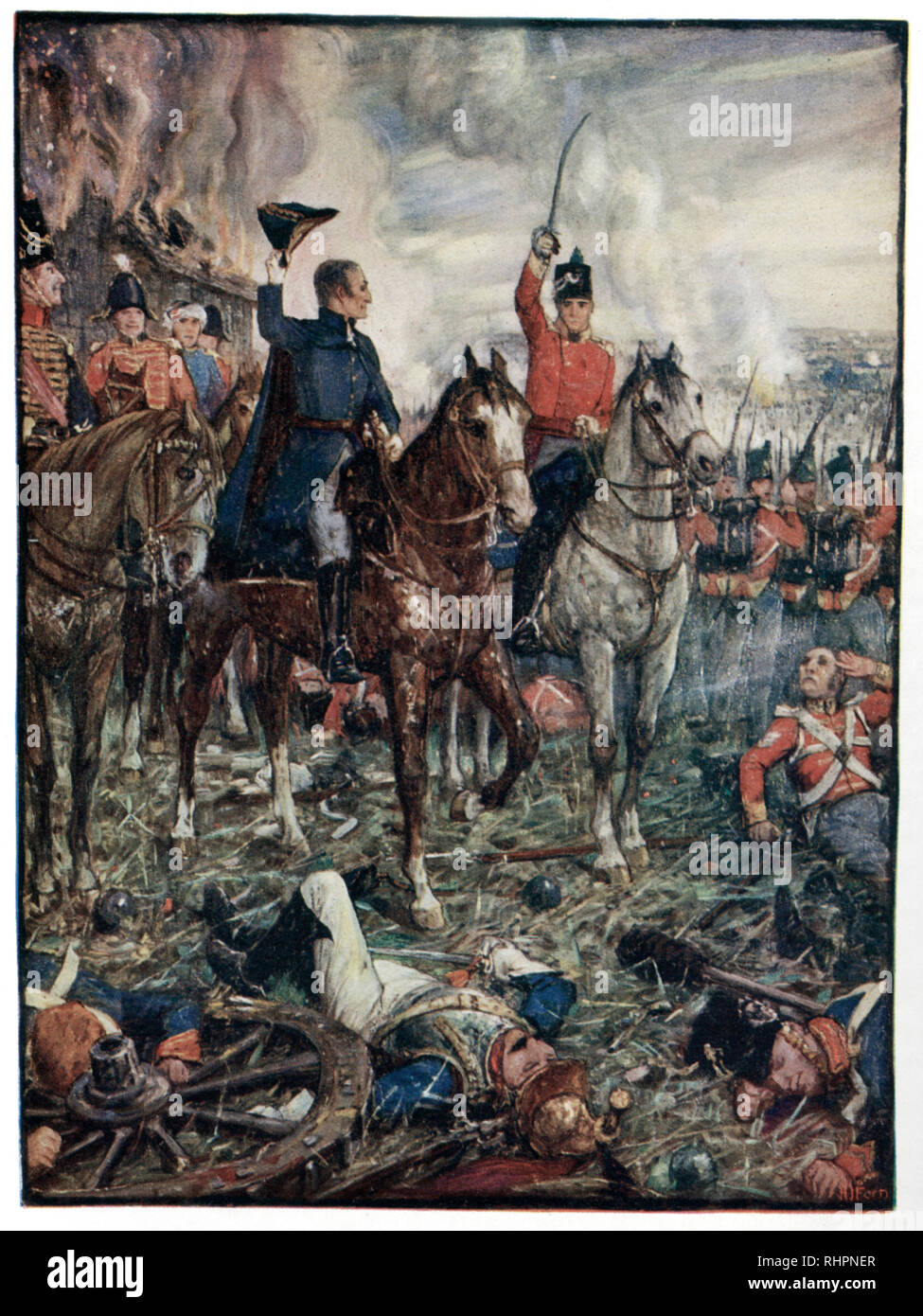 Waterloo, 7pm, 18th giugno 1815. Di Henry Justice Ford (1860-1941). La battaglia di Waterloo fu combattuta domenica 18 giugno 1815 nei pressi di Waterloo in Belgio. Un esercito francese sotto il comando di Napoleone Bonaparte fu sconfitto da un esercito a guida britannica sotto il comando del duca di Wellington, e da un esercito prussiano sotto il comando del maresciallo di campo Blücher. La battaglia segnò la fine delle Guerre Napoleoniche. Foto Stock