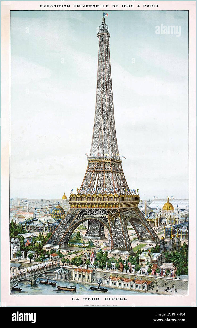 Vintage1889 Torre Eiffel poster per "Exposition Universelle", 1889. Litografia di colore storica Parigi Francia Exposition Universelle di 1889 era una fiera mondiale tenutasi a Parigi, Francia, dal 6 Maggio al 31 ottobre 1889. Essa si è svolta durante l anno del centesimo anniversario della presa della Bastiglia, un evento considerato il simbolo di inizio della rivoluzione francese. Foto Stock