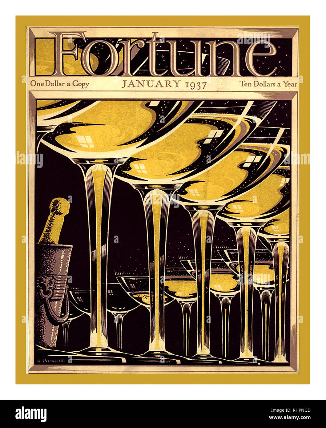 La rivista FORTUNE Vintage 1937 coperchio anteriore dotata di bicchieri e una bottiglia di Champagne celebrativo al prezzo di un dollaro Copia o dieci dollari abbonamento annuale USA Foto Stock