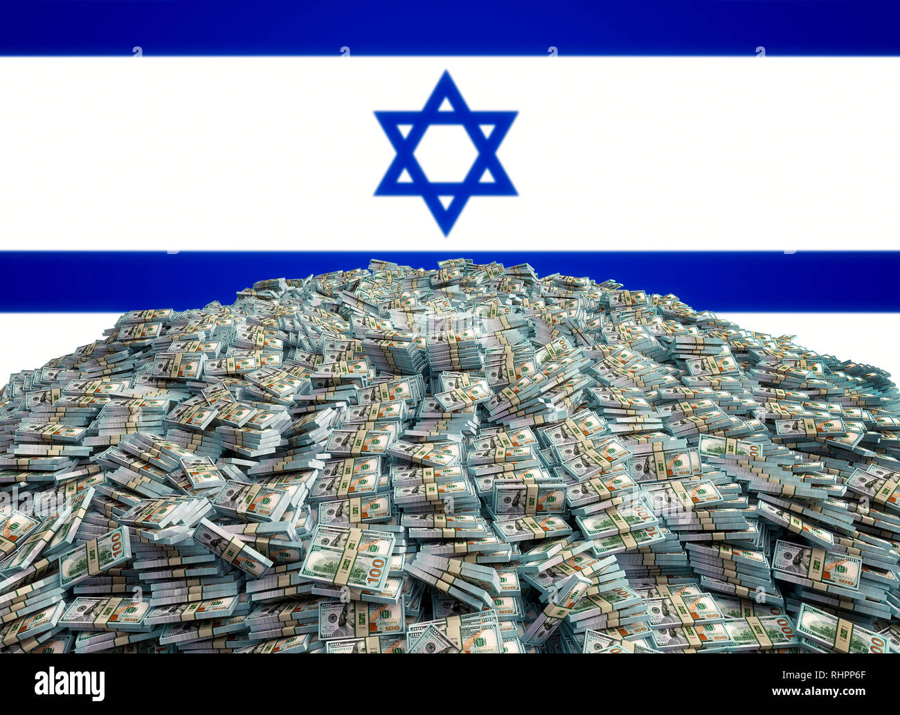 Pila di nuovo 100 fatture del dollaro nella parte anteriore della bandiera Israeliana - il rendering 3D Foto Stock