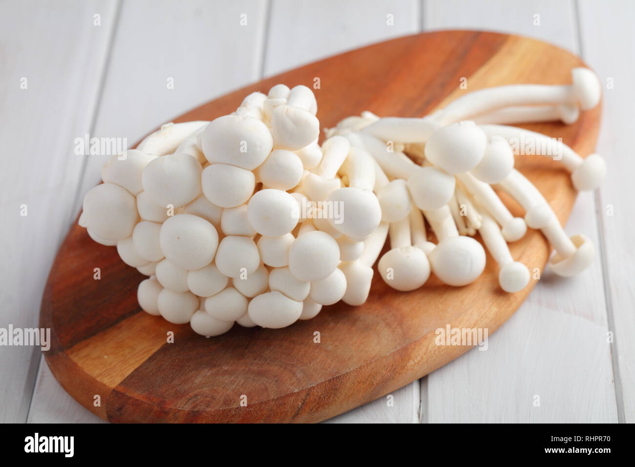 Mazzetto di greggio funghi shimeji conosciuto anche come bianco di funghi di faggio su un tagliere di legno Foto Stock