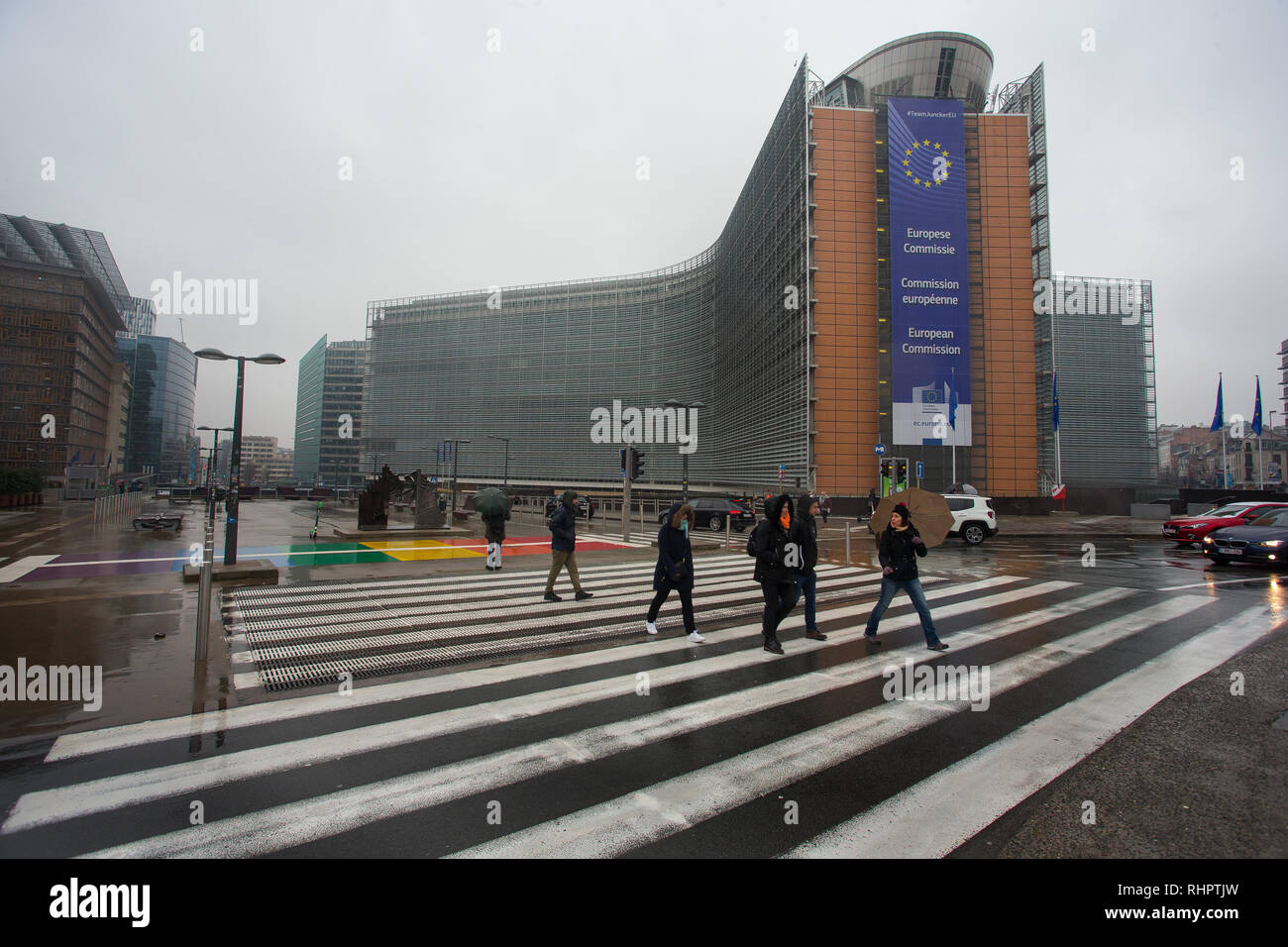 Vista generale GV dell'esterno dell'ufficio della sede centrale della Commissione europea a Bruxelles, Belgio, Europa Foto Stock